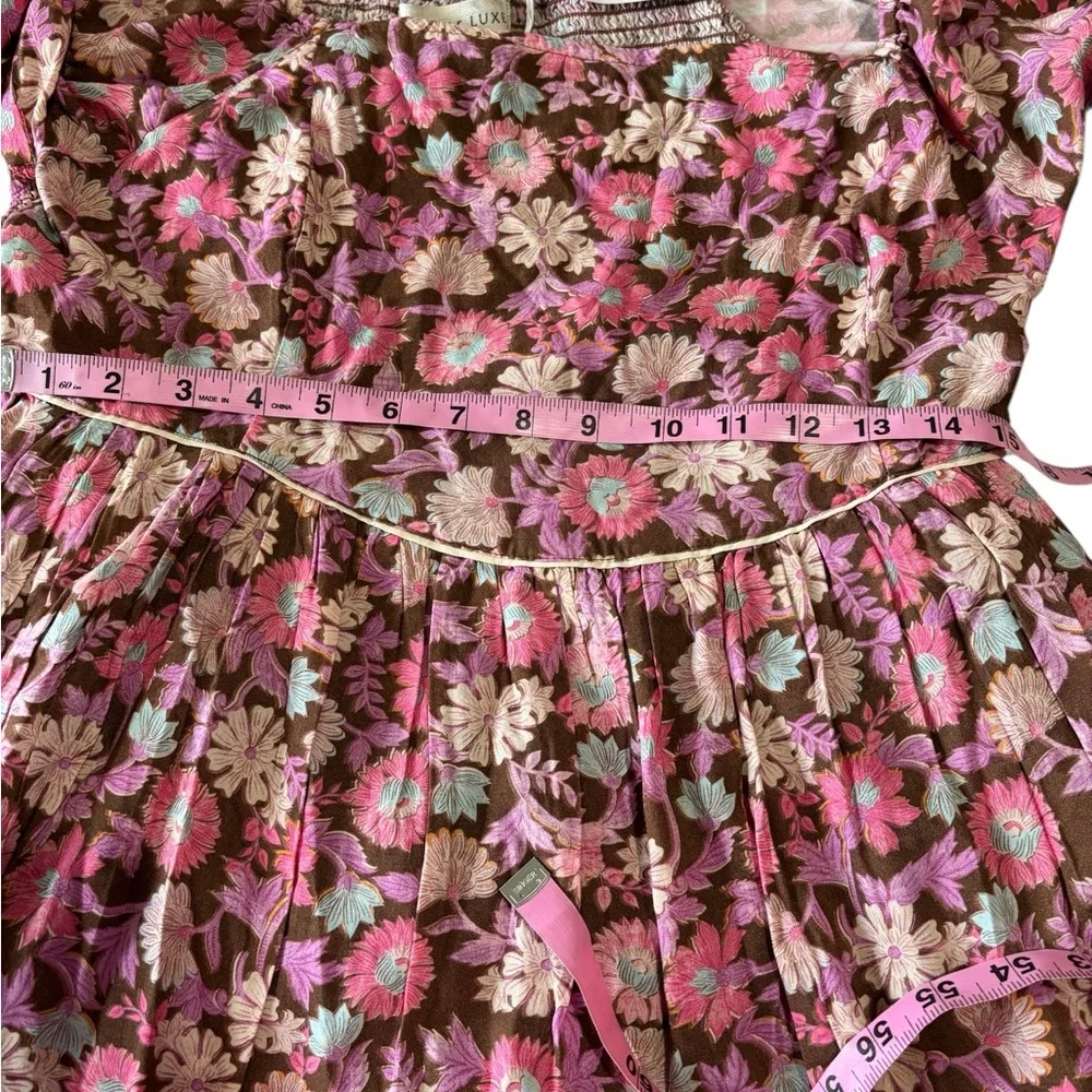 NWT Saltwater LUXE Floral Boho Mini Dress Size L Smocked Back Pockets Lined - Picture 9 of 15